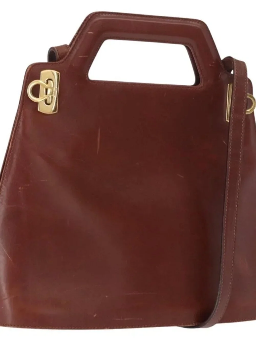 Salvatore Ferragamo Gancini Shoulder Bag Leather Brown Gold Auth 159579
